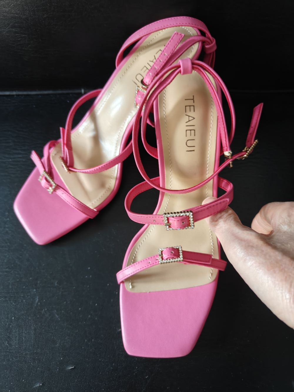 Woman's Pink Strappy Heels With Decorative Rhinestone Buckles